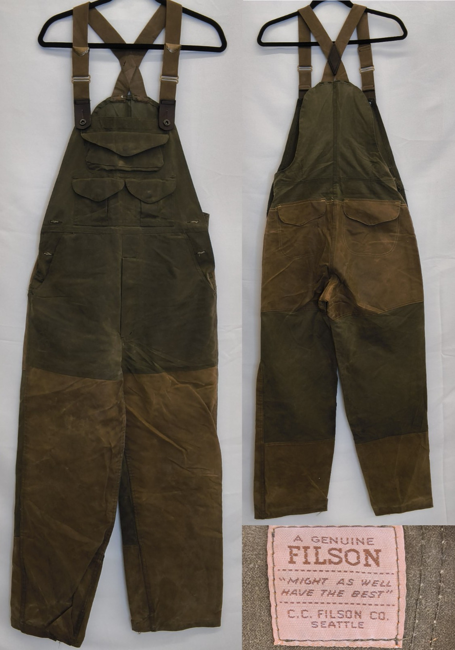 Men’s Size 36 Filson Double Shelter Tin Cloth Hunting Bibs Green/Tan USA #W5426